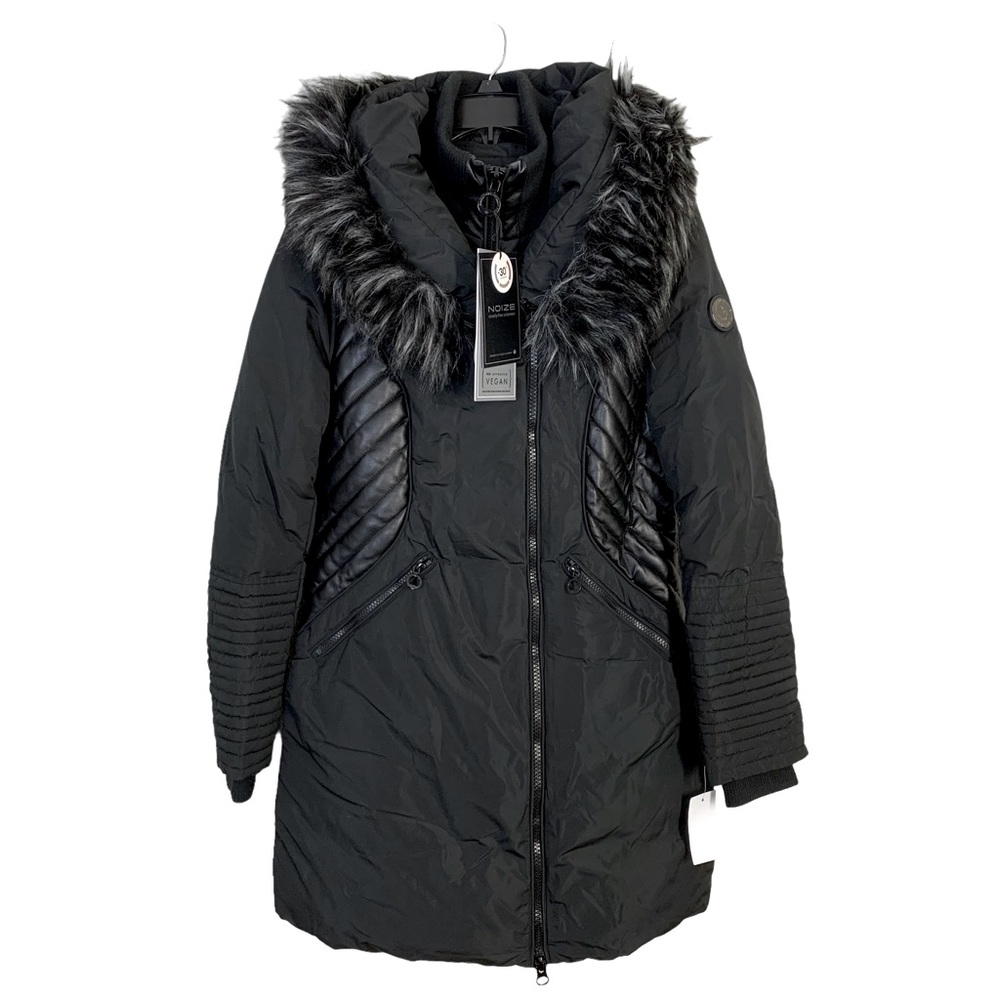 NOIZE Sam Vegan Faux Fur Trimmed Hooded Black Parka Coat Sz Small/Petite